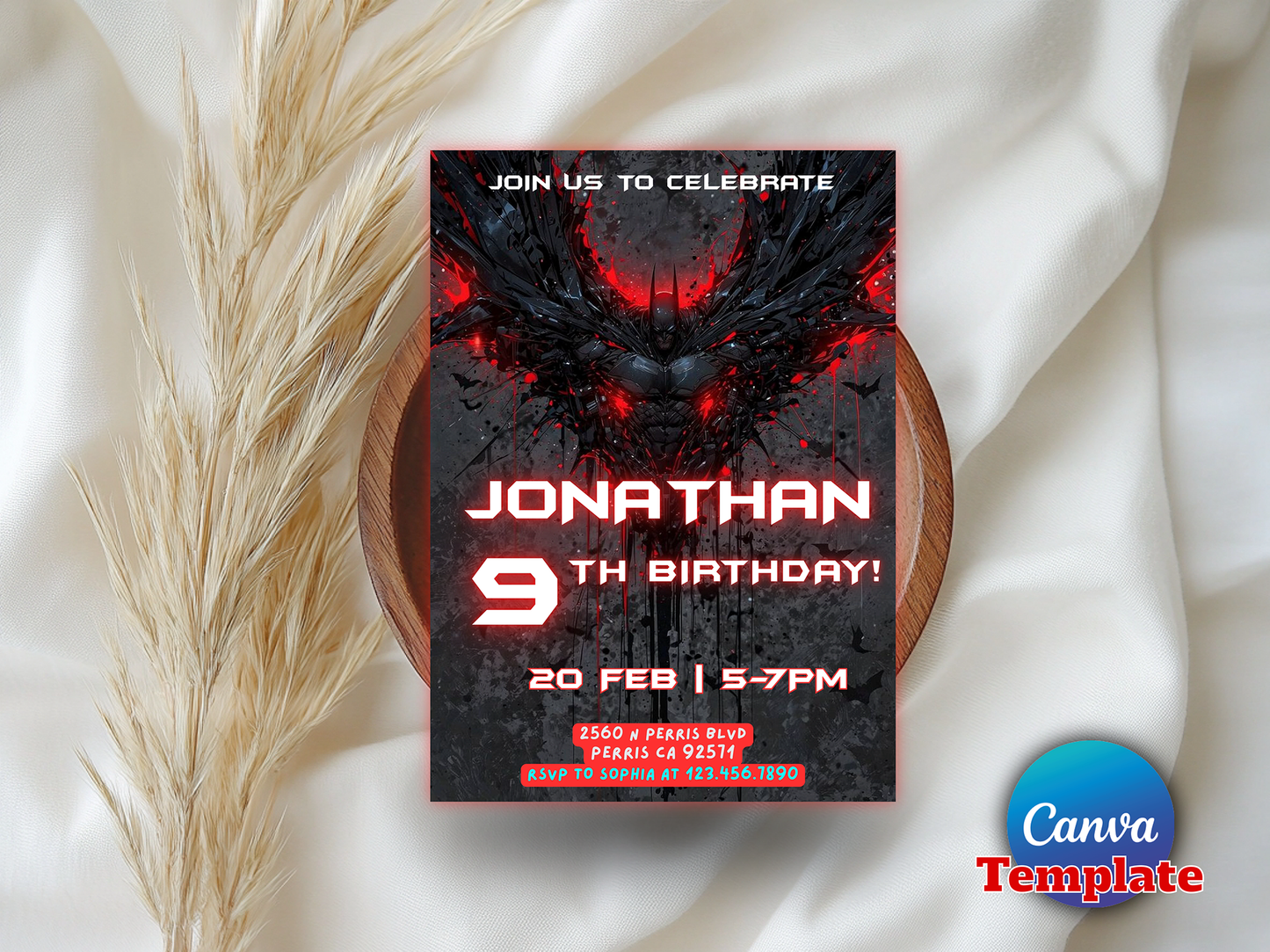 Dark Knight Batman Themed 9th Birthday Invitation Canva Template