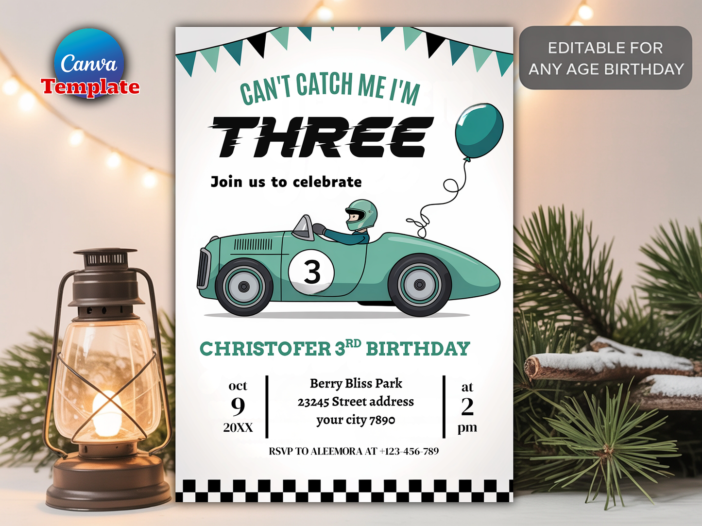 Editable Race Car 3rd Birthday Invitation
