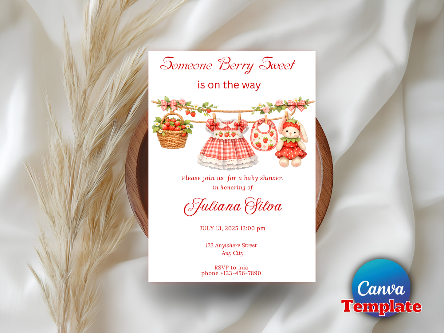 Berry Sweet Baby Shower Invitation Template, Strawberry Editable Invite, Girl Baby Shower Canva Template, Instant Download, Berry Theme