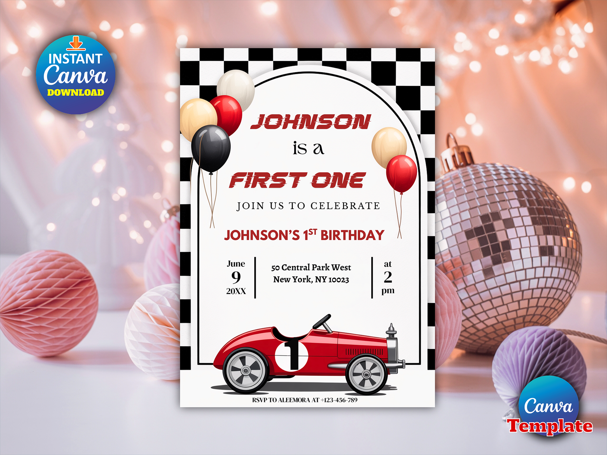 A customizable first birthday party invitation template featuring a black and white checkered border, red and black text, a red race car, and balloons, shown in a festive party setting with pink decorations and a Canva logo.