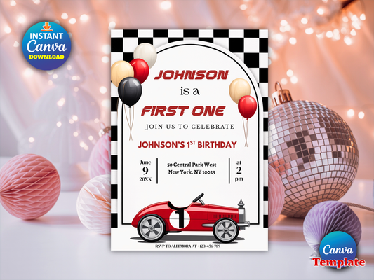Editable Vintage Race Car Fast One Birthday Party Invitation