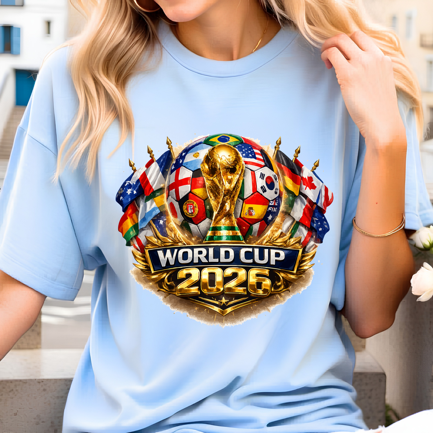 Official 2026 World Cup Multi-National Flags Graphic Print Light Blue T-Shirt (physical)