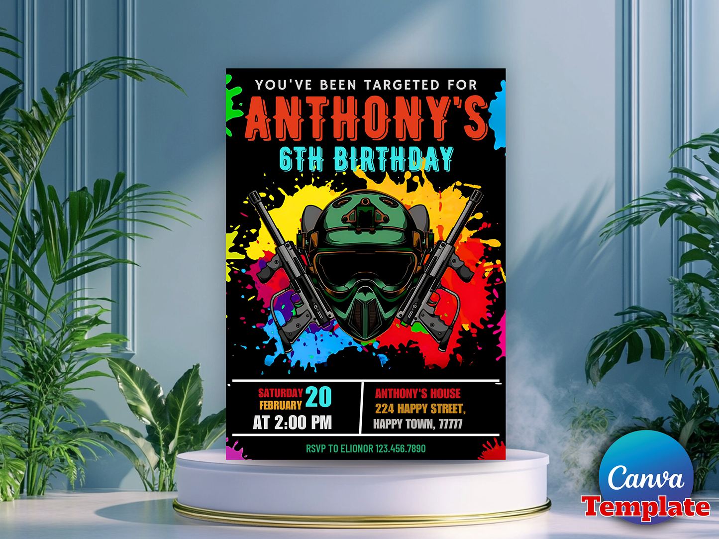 Paintball Theme 6th Birthday Invitation Canva Template Printable