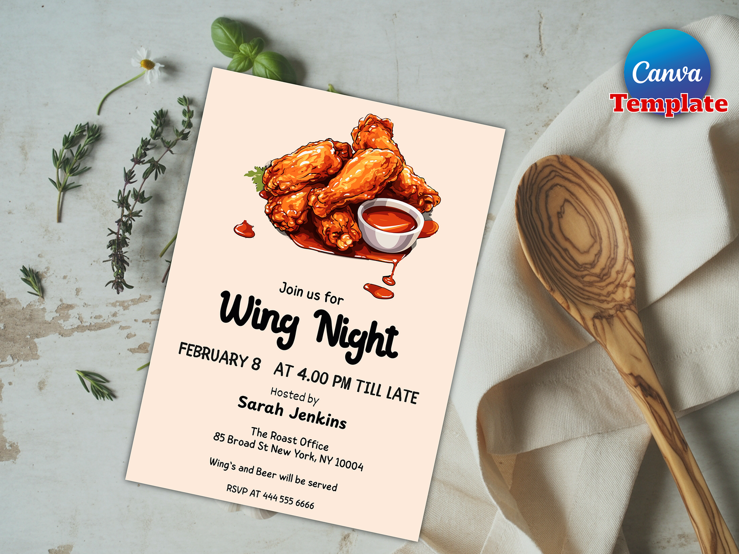 Wing Night Invitation, Chicken Wings Invite, Buffalo Wings, BBQ Wings, Hot Wings, Birthday Party