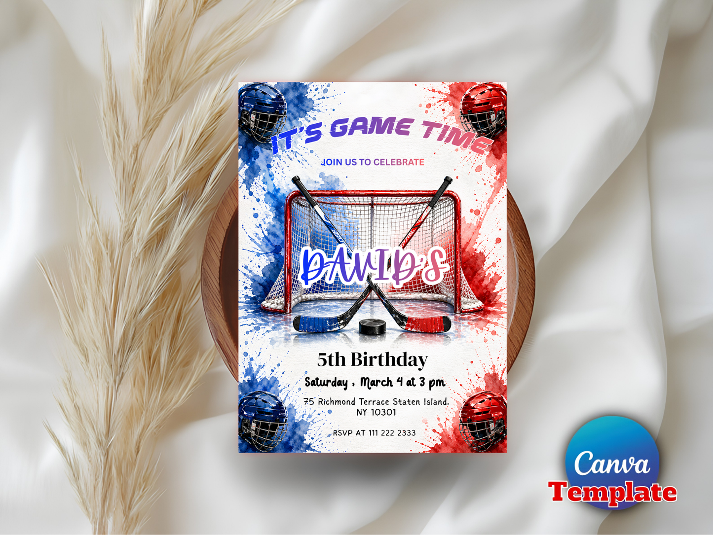 Hockey Birthday Invitation, Ice Hockey Party Invite, Printable Sports Theme, Editable Digital Download, Canva Template