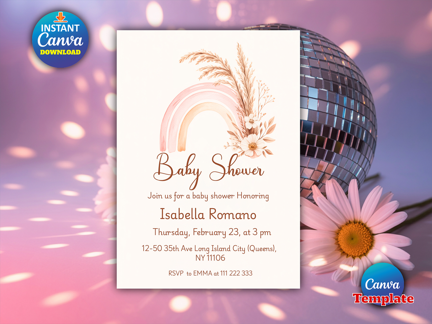 Editable Boho Rainbow Baby Shower Invitation