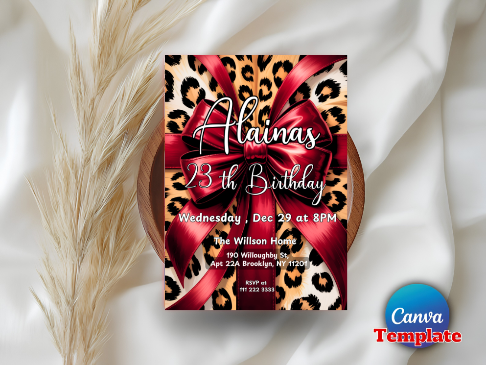 Cheetah Birthday Invitation, Red Bow Coquette Party