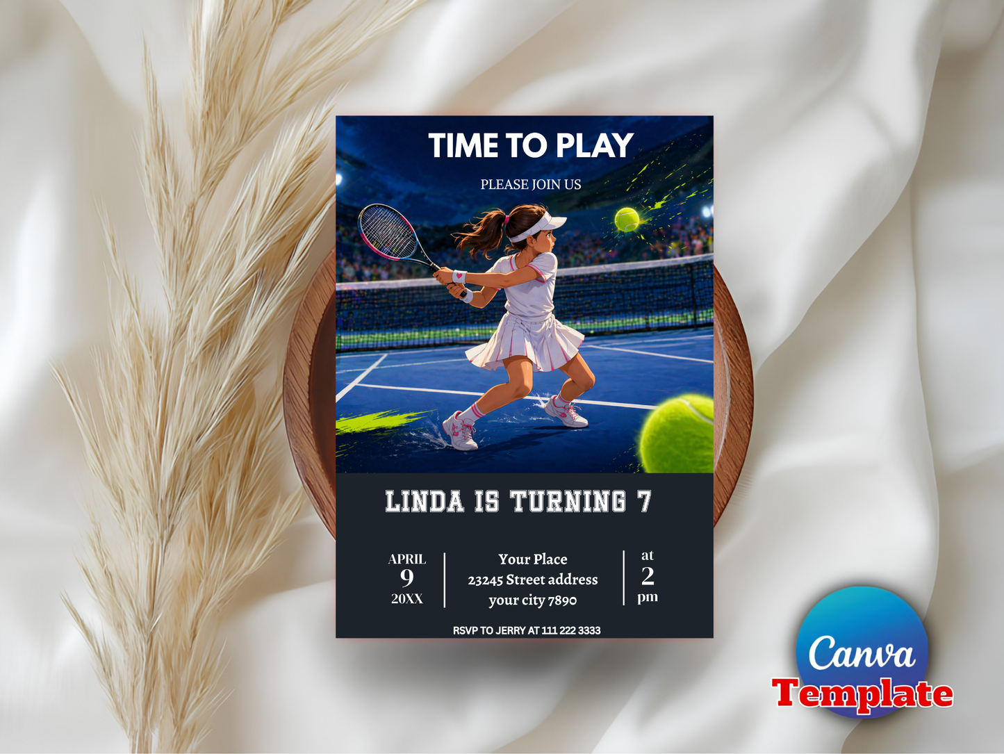 Tennis Birthday Invitation: Pink Preppy Girls Sports Party Reveal Editable Canva Template (Digital Download Design)