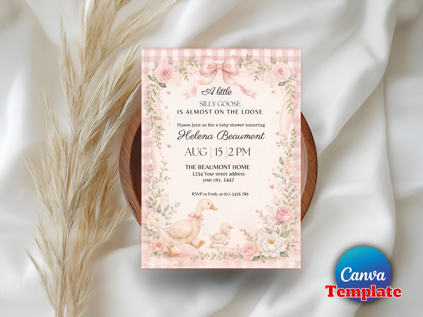 Silly Goose Baby Shower Invitation Template, Pink Gingham Girl Baby Shower Invite, Silly Goose Invite, Digital Invitation, Canva