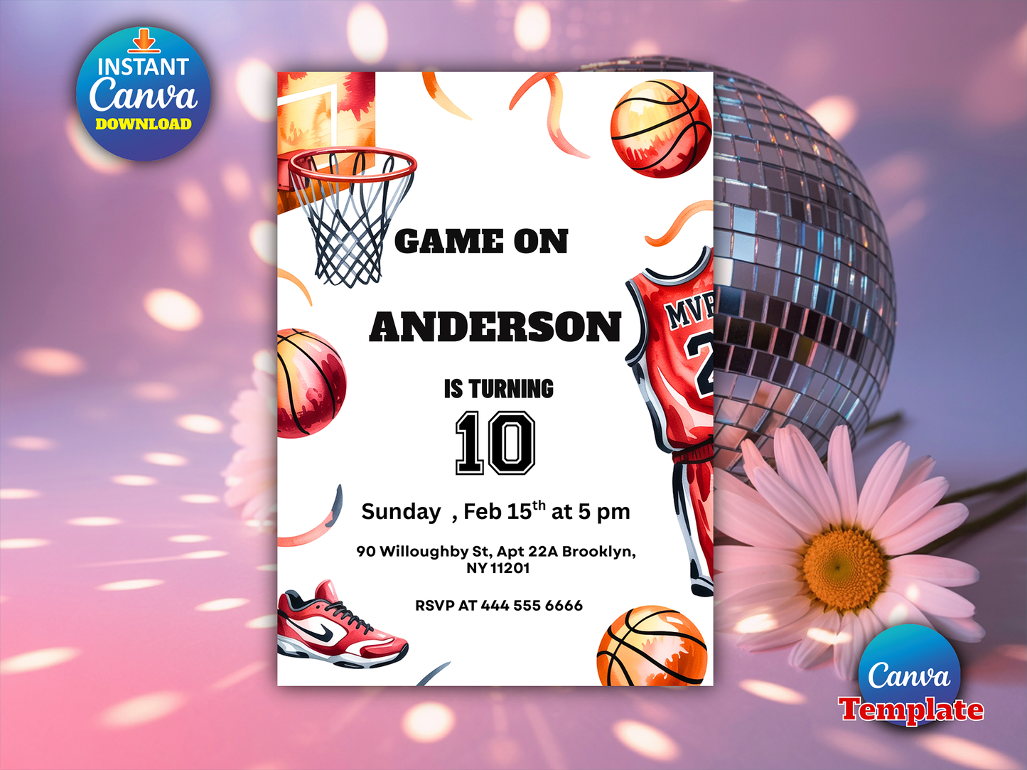 Printable Basketball Birthday Party Invite, Editable Sports Invitation Template