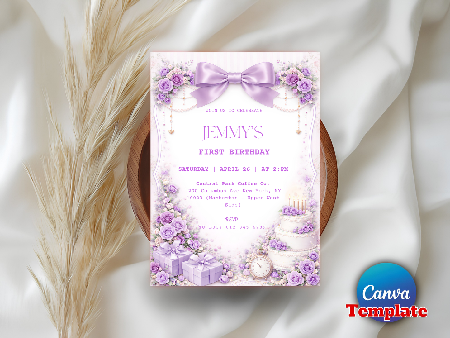 Editable Elegant Purple Rose 1st Birthday Invitation Template | Coquette Purple Bow Invite (Degital Template)