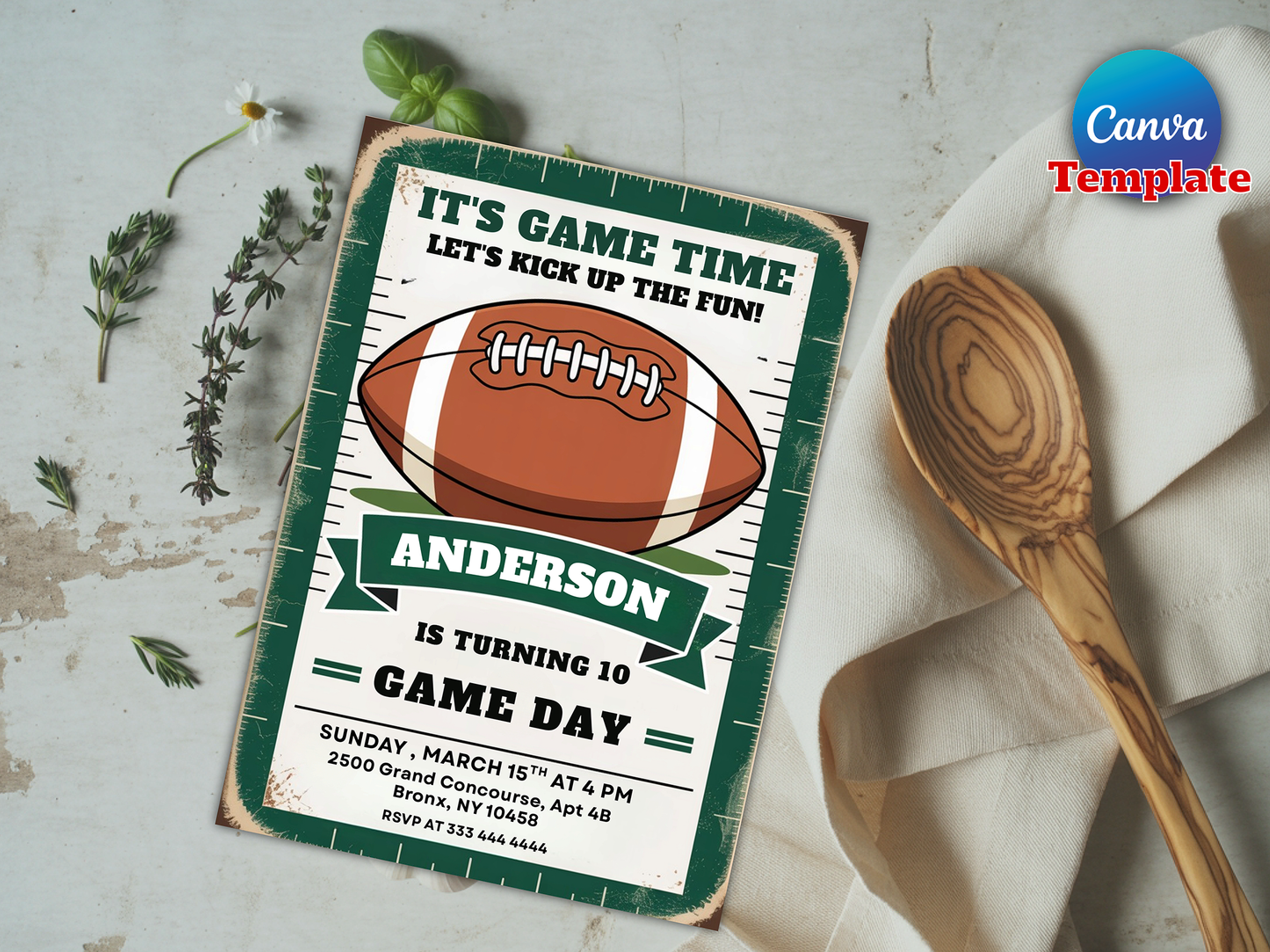 Printable American Football Game Invitation, Football Invitation Canva Template