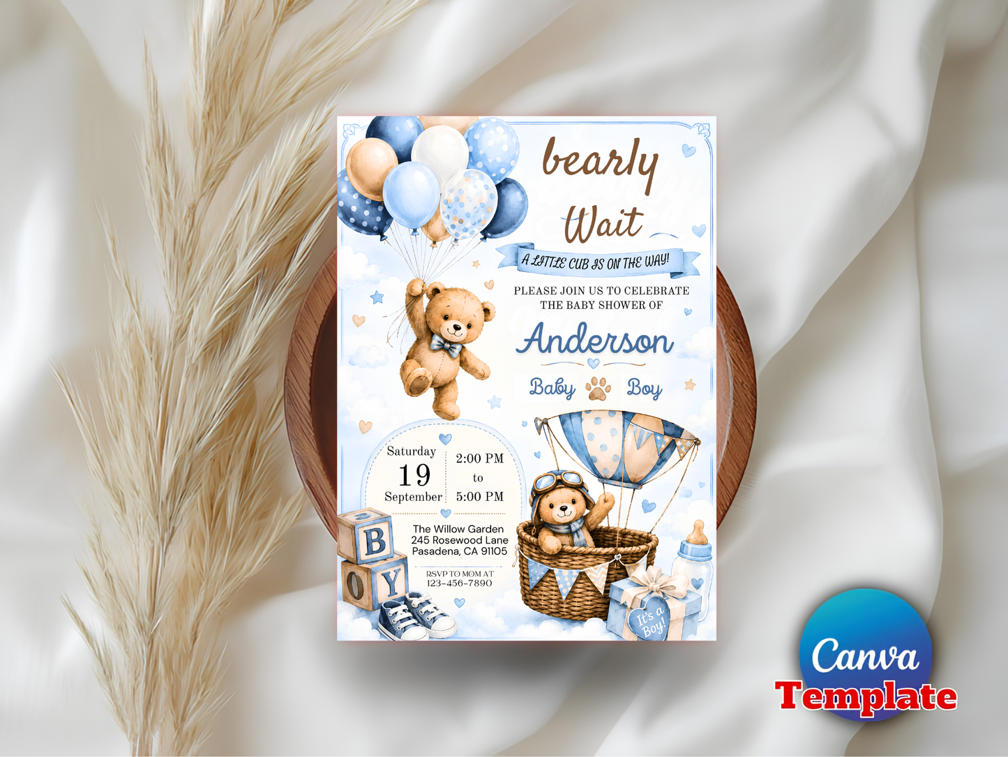 Editable Bear Baby Shower Invitation | We Can Bearly Wait Boy Party (Digital Download)