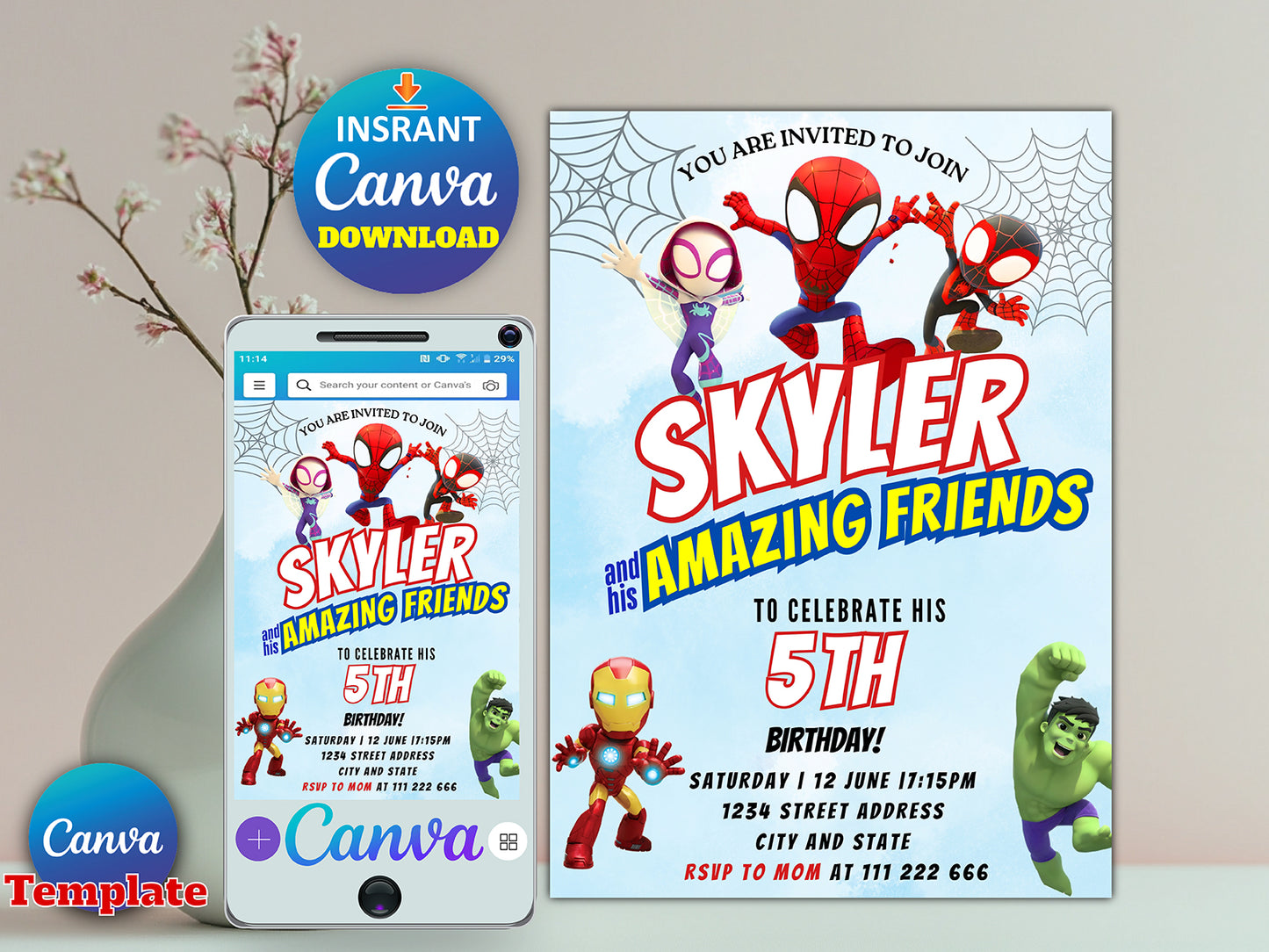 Watercolor Spidey and his Amazing Friends Birthday Party Invitation(Printable)