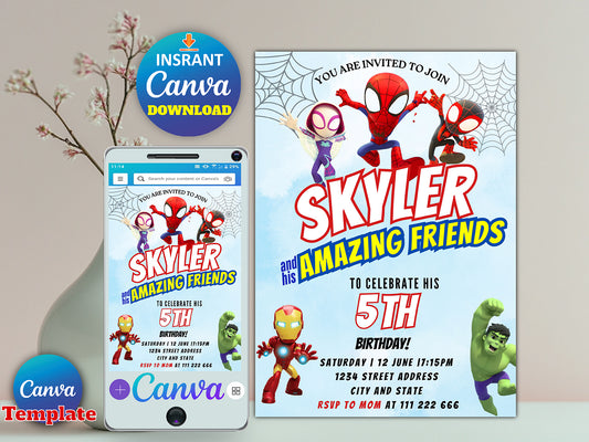Watercolor Spidey and his Amazing Friends Birthday Party Invitation(Printable)