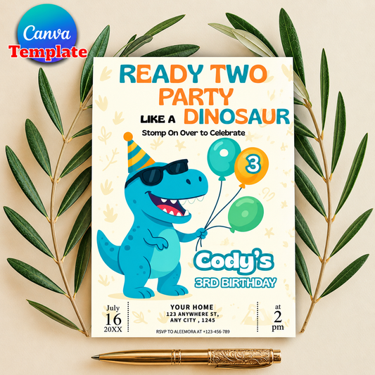 🦖 Dinosaur 3rd Birthday Invitation | Cute Dino Birthday Party Canva Template 🎉