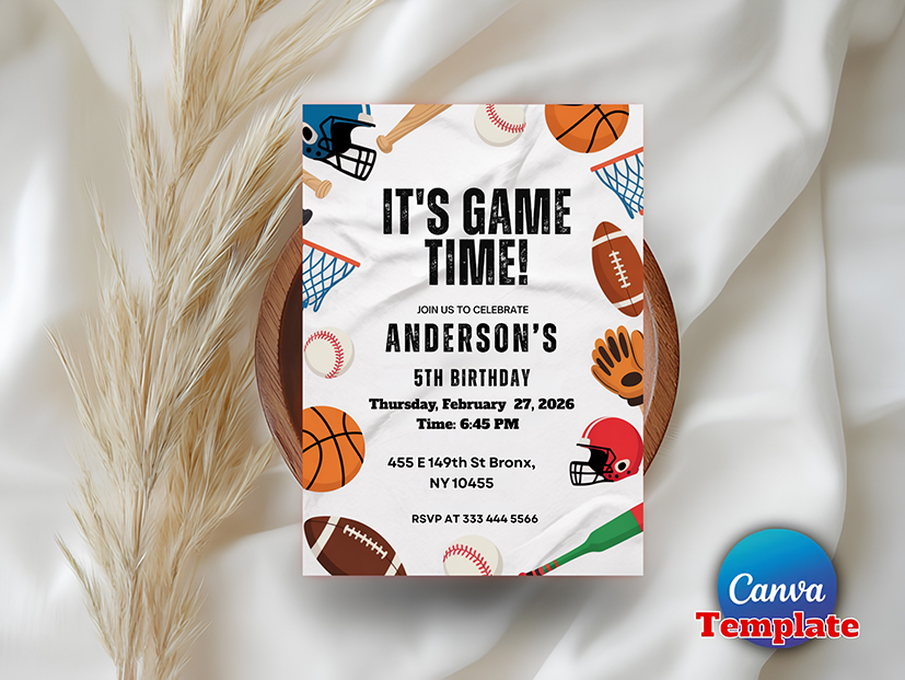Baseball Basketball Football Printable Sports Theme Invitation Template