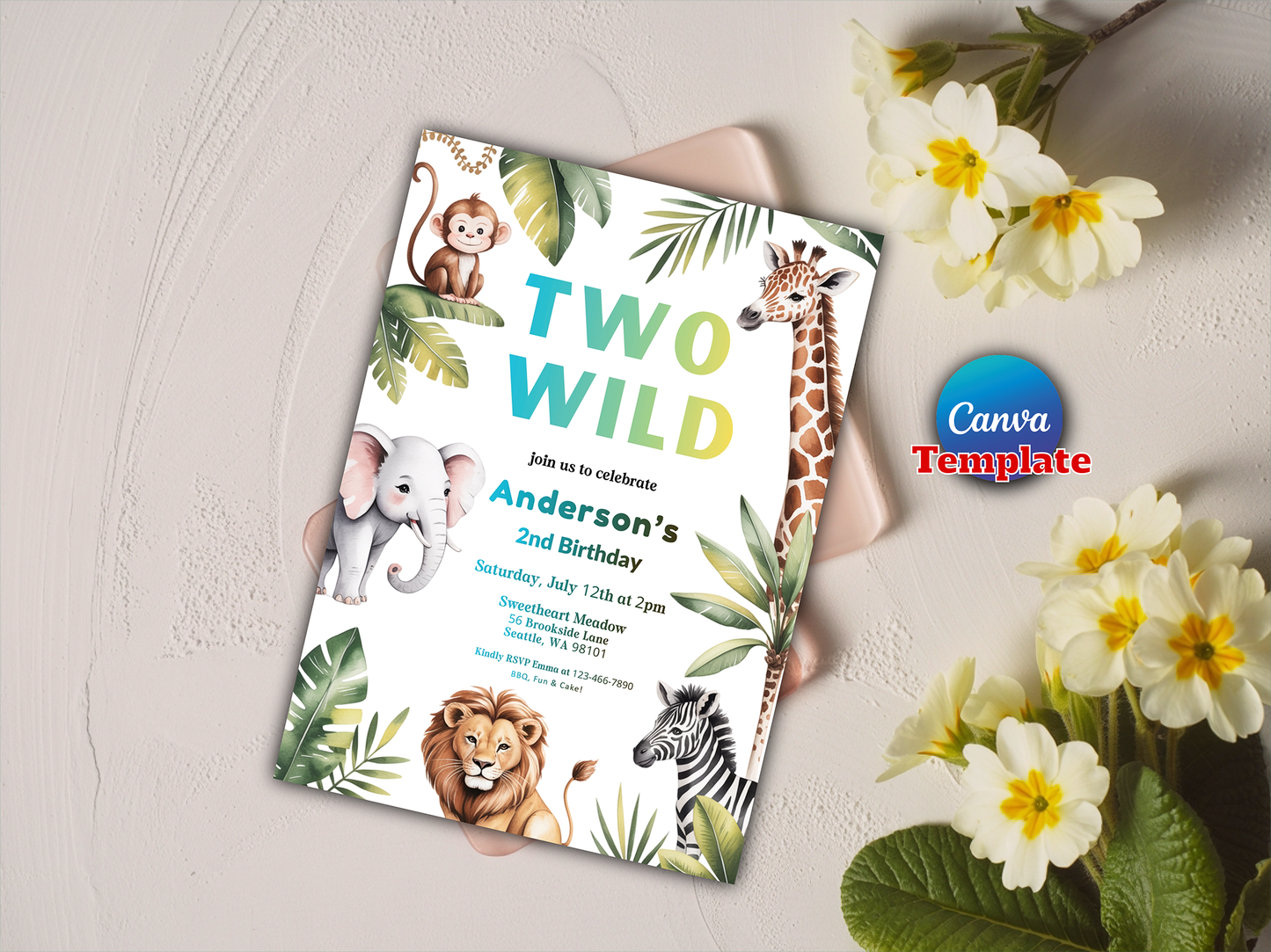 Two Wild Birthday Invitation Jungle Safari Animals Invitation Gold Safari Two Wild 2nd Birthday Party Instant Download Editable PDF File
