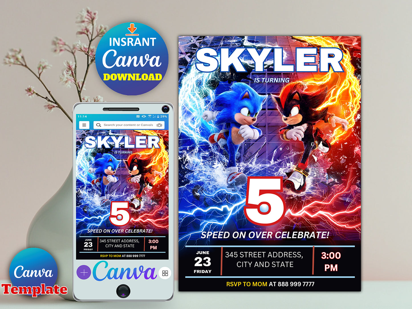 Sonic 3 Birthday Party Invitation(Printable)