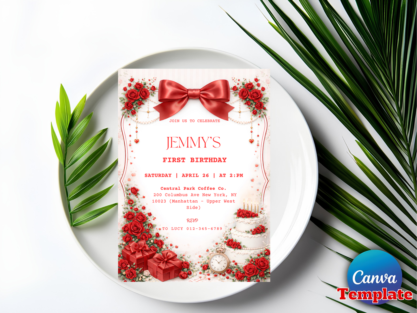 Editable Vintage Rose Elegant Coquette Pink Bow Floral Birthday Invitation Template