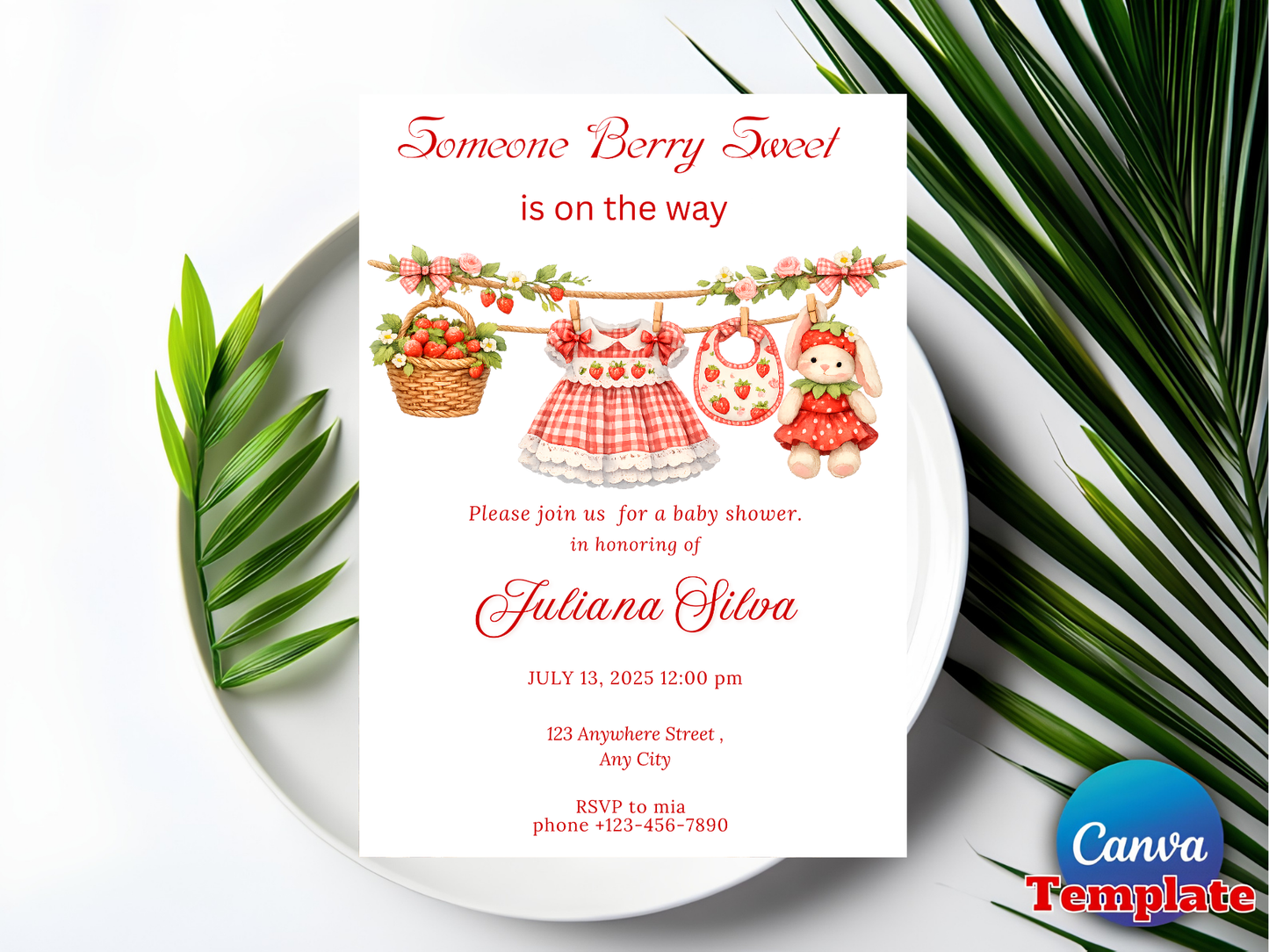 Berry Sweet Baby Shower Invitation Template, Strawberry Editable Invite, Girl Baby Shower Canva Template, Instant Download, Berry Theme