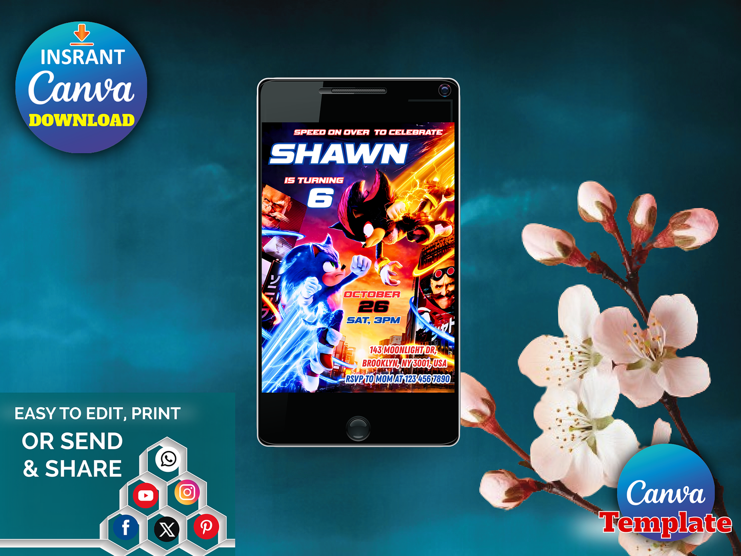 Sonic Birthday Invitation Template(Printable)
