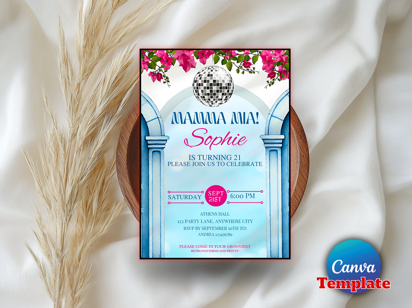 Mamma Mia Disco 21st Birthday Invitation Template - Editable Canva Digital Download