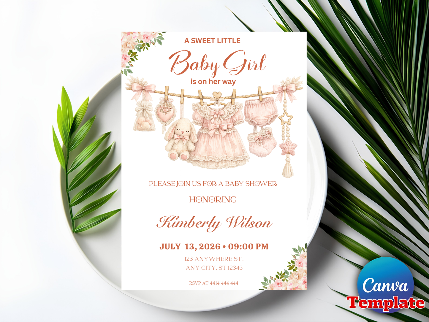 Boho Girl Clothesline Baby Shower Invitation, Boho Baby Clothes Invitation, Instant Download, Digital Template, Editable Canva