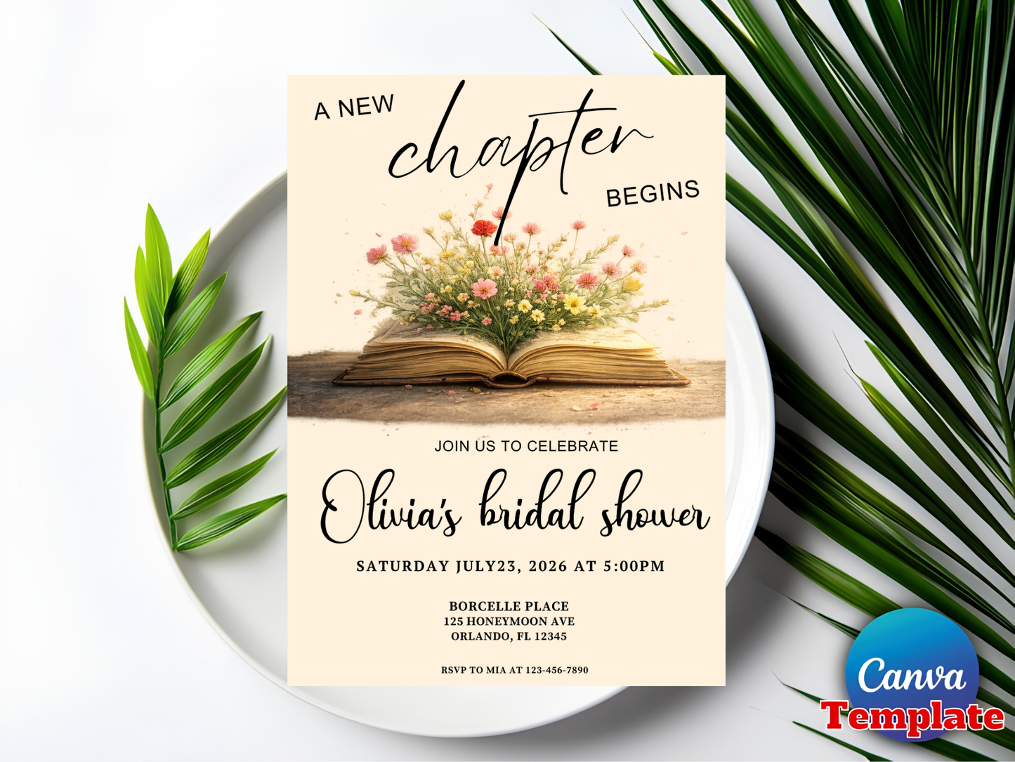 A New Chapter Bridal Shower Invite Set, Book Themed Bachelorette Party, Editable in Canva