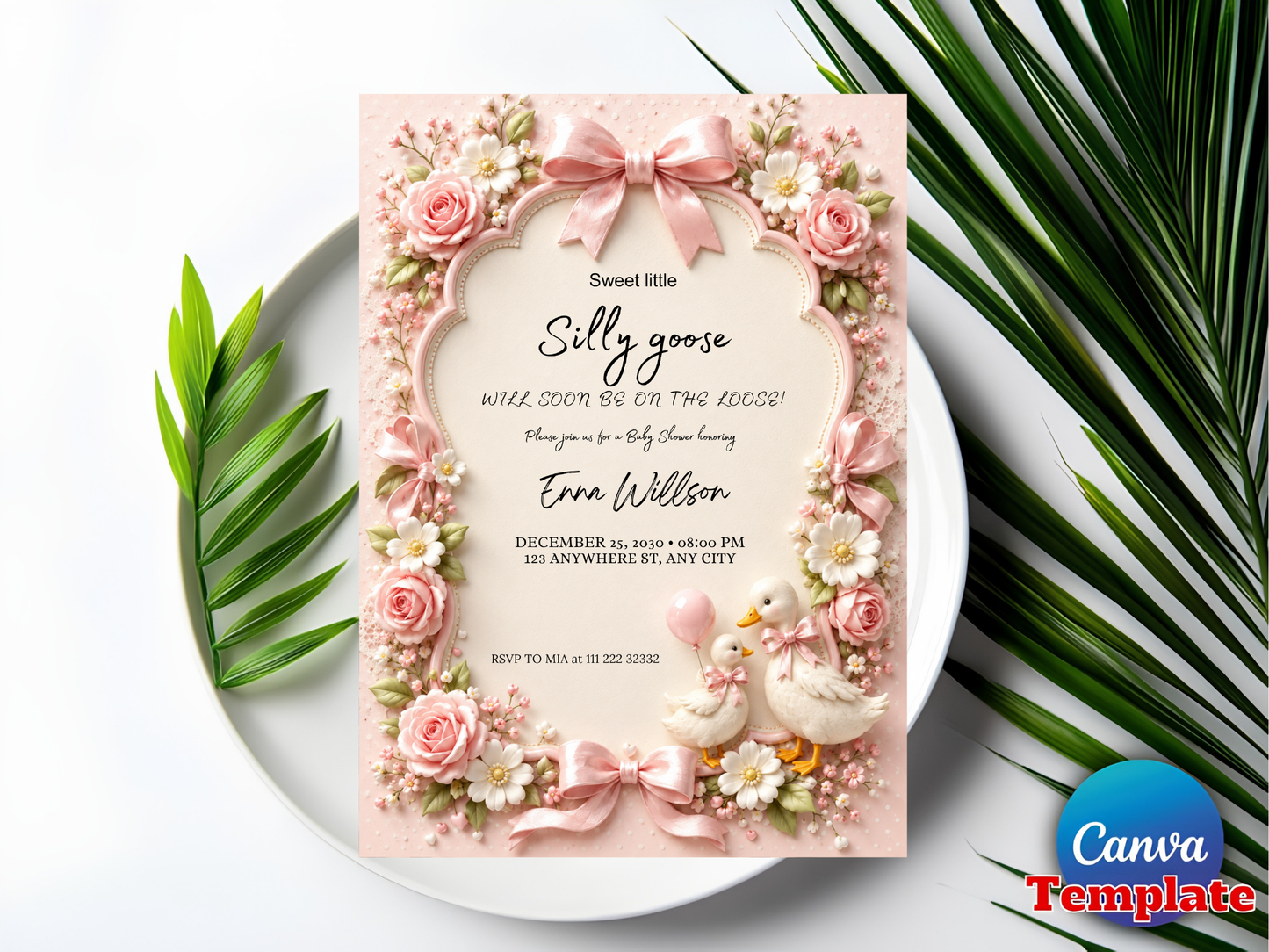 Silly Goose Girl Baby Shower Invitation: Coquette Pink Bow Goose Digital Download (5"x7" Editable Template)