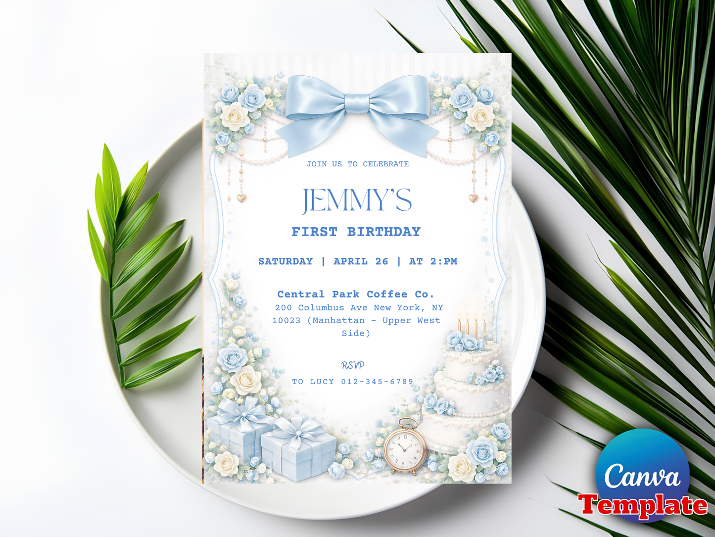 Editable Elegant Blue Rose 1st Birthday Invitation Template | Coquette Blue Bow Party Invite (Degital Template)