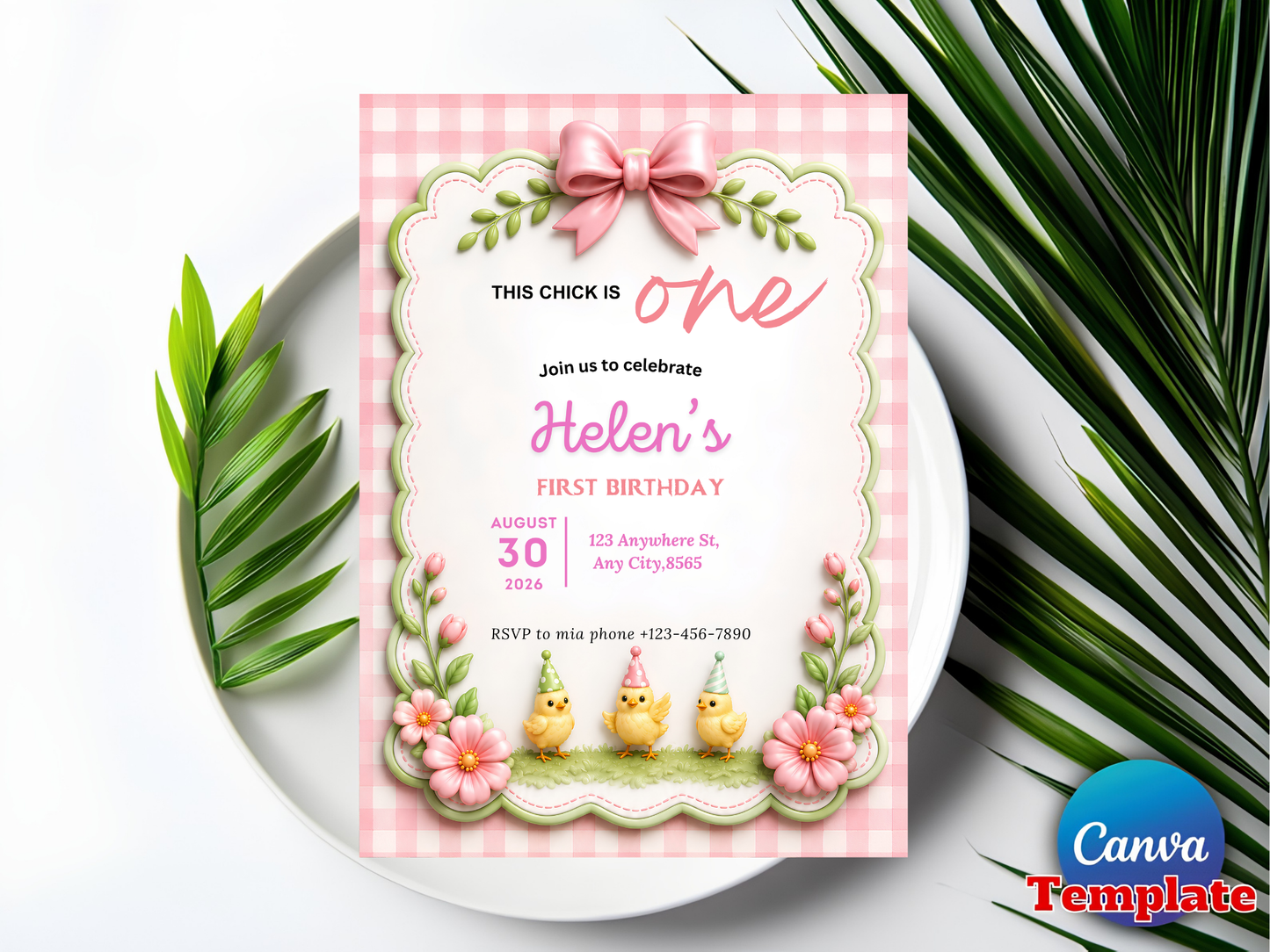 This Chick Is One Invitation – Baby Chick Girl 1st Birthday Editable Canva Template