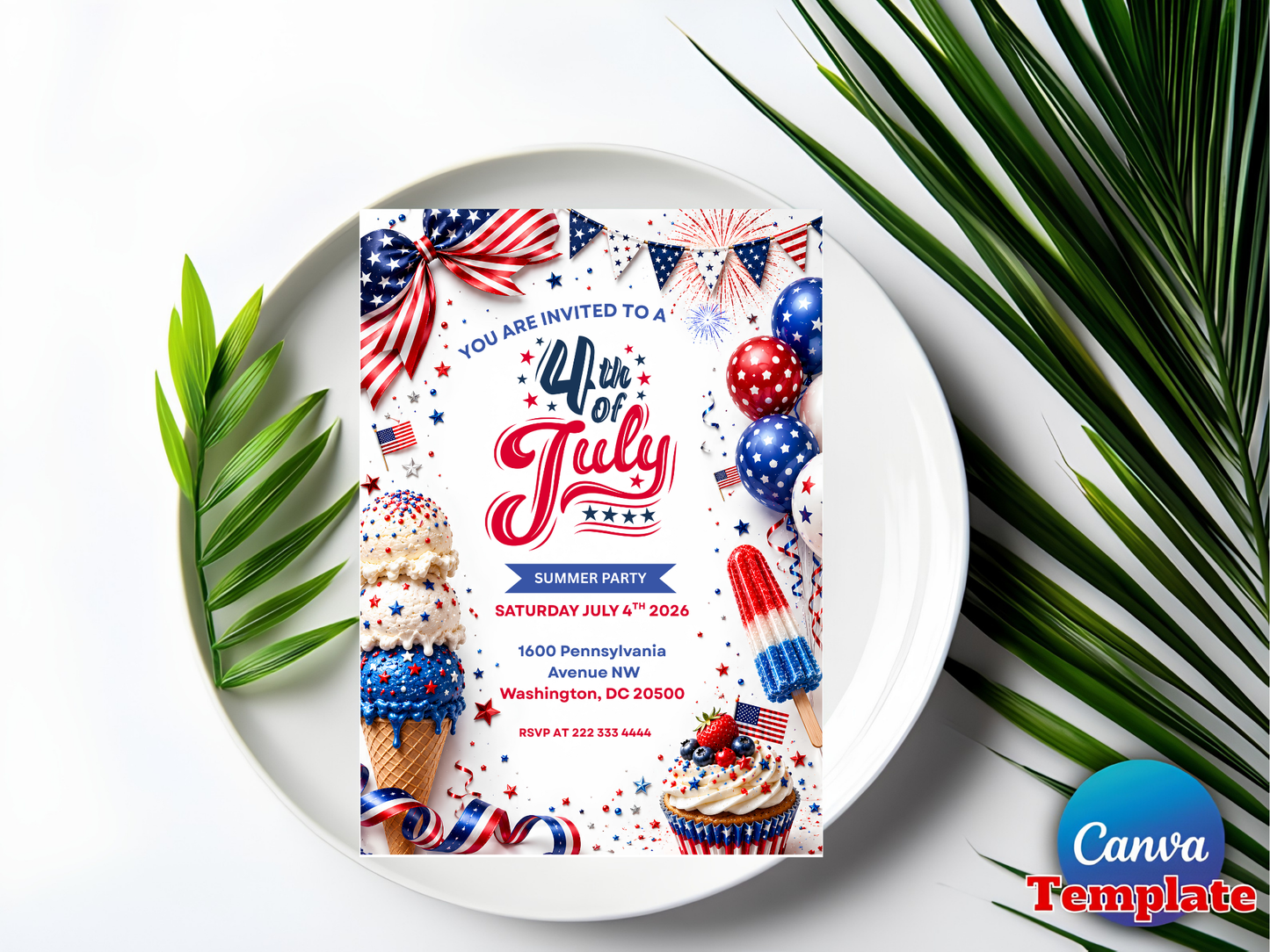 4th of July Invitation Template, USA Independence Day Invitation, Summer Party Invitation, Editable Canva BBQ Invite,