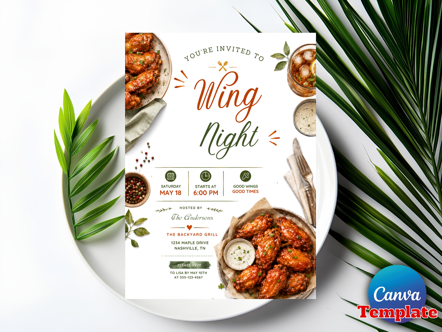 Wing Night Party Invitation Editable Template, BBQ Backyard Grill Invite, Chicken Wings Party, Canva Template