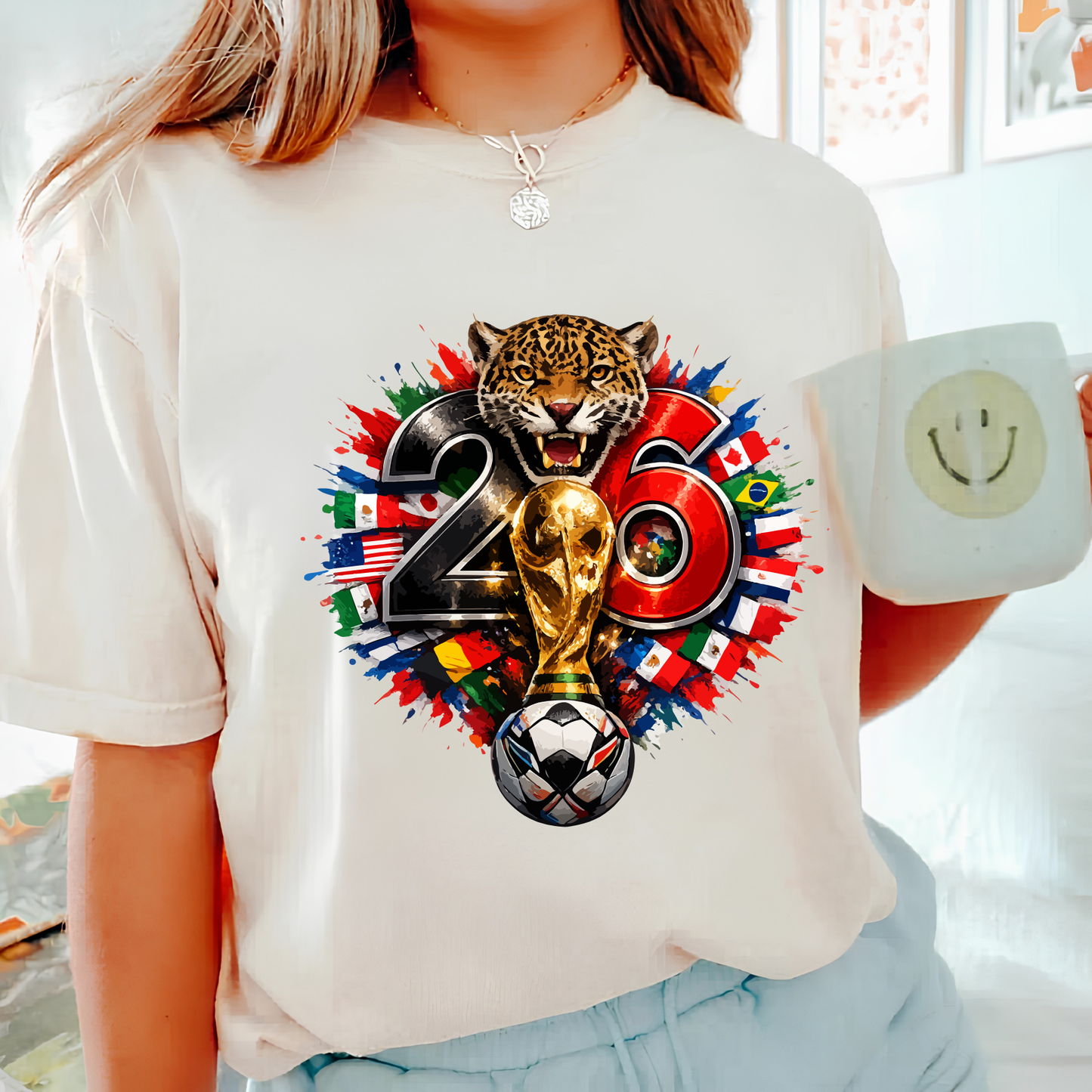 Fierce 2026 World Cup Jaguar Mascot T-Shirt - Global Flags & Trophy Soccer Fan Graphic Tee(physical)