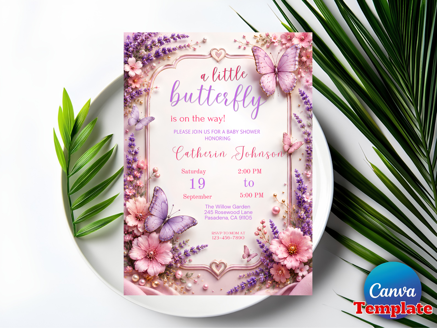 Editable Butterfly Baby Shower Invitation for Girl, Watercolor Floral Canva Template