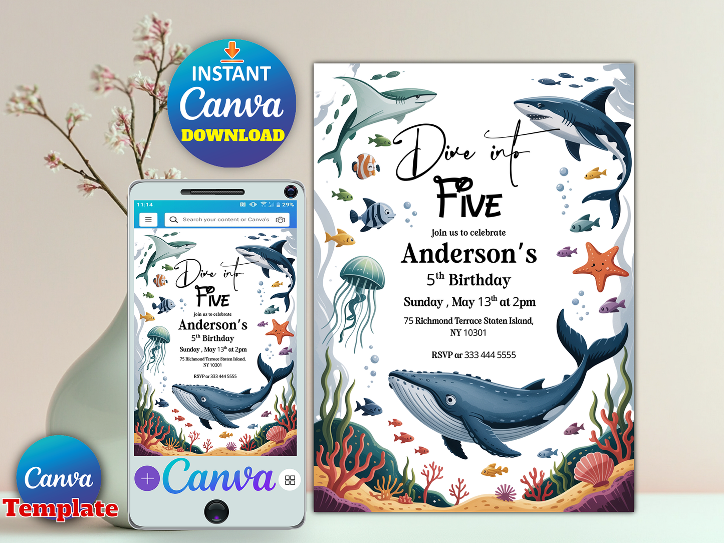 Editable Under the Sea Dive Into Five 5th Birthday Party Invitation