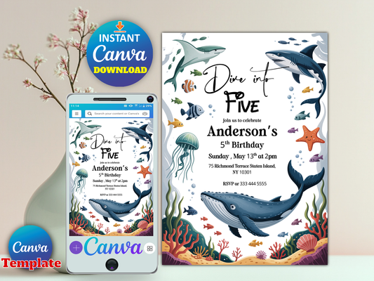 Editable Under the Sea Dive Into Five 5th Birthday Party Invitation