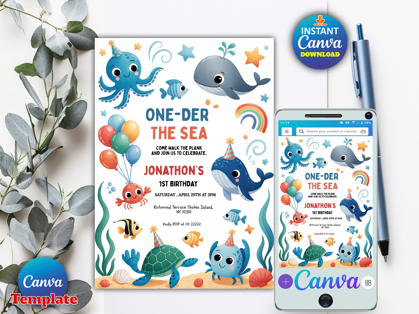 Editable Oneder The Sea 1st Birthday Party Invitation