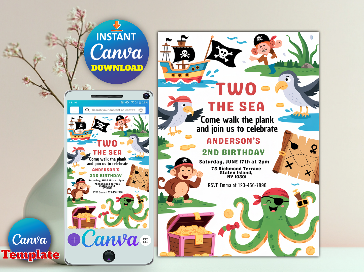 Editable Two The Sea Pirate 2nd Birthday Party Invitation