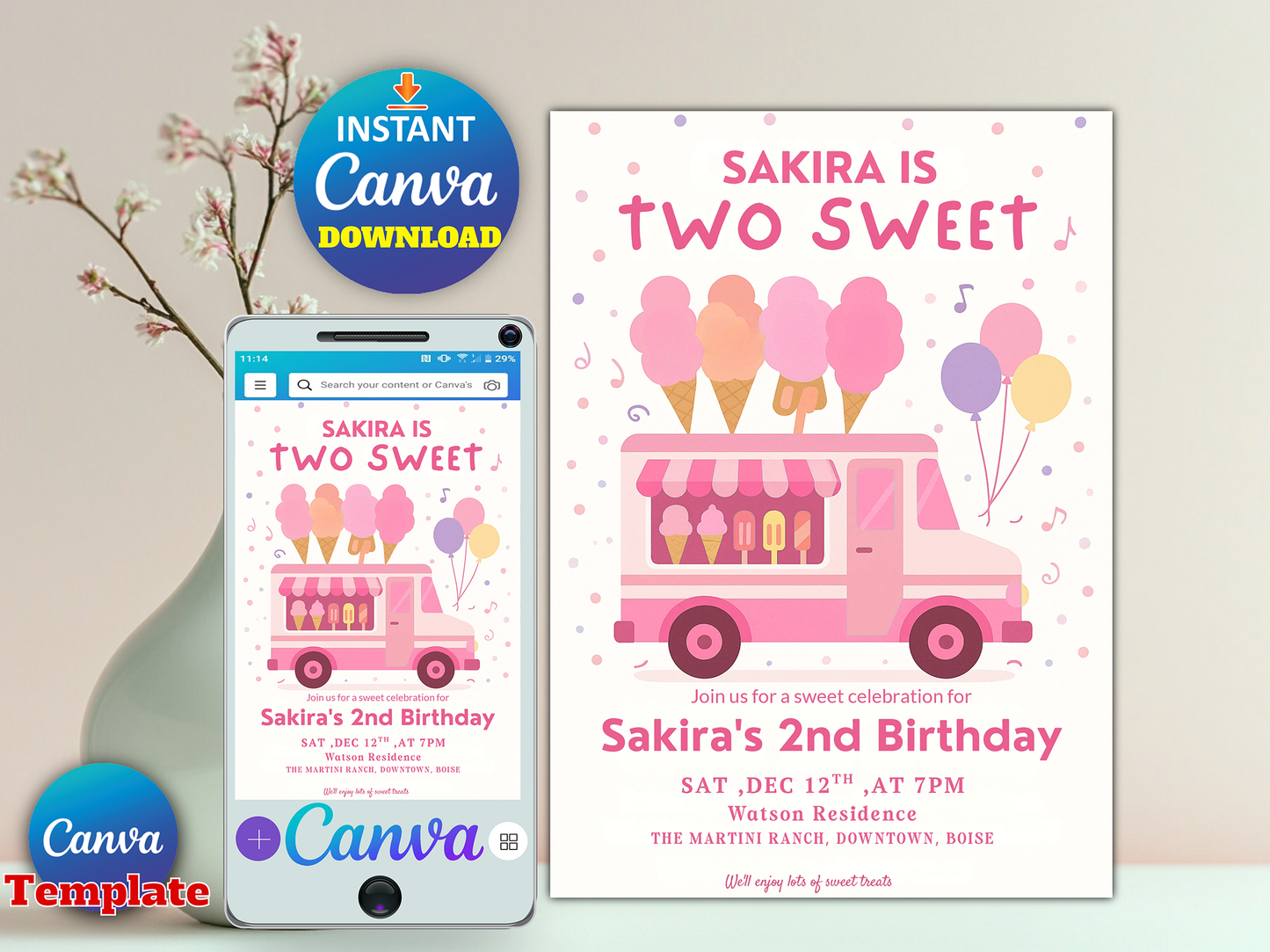 Editable Ice Cream Truck Birthday Invitation