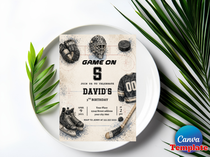 Editable Ice Hockey Birthday Invitation Template | Vintage Game On Sports Invite Canva  (Degital Template)