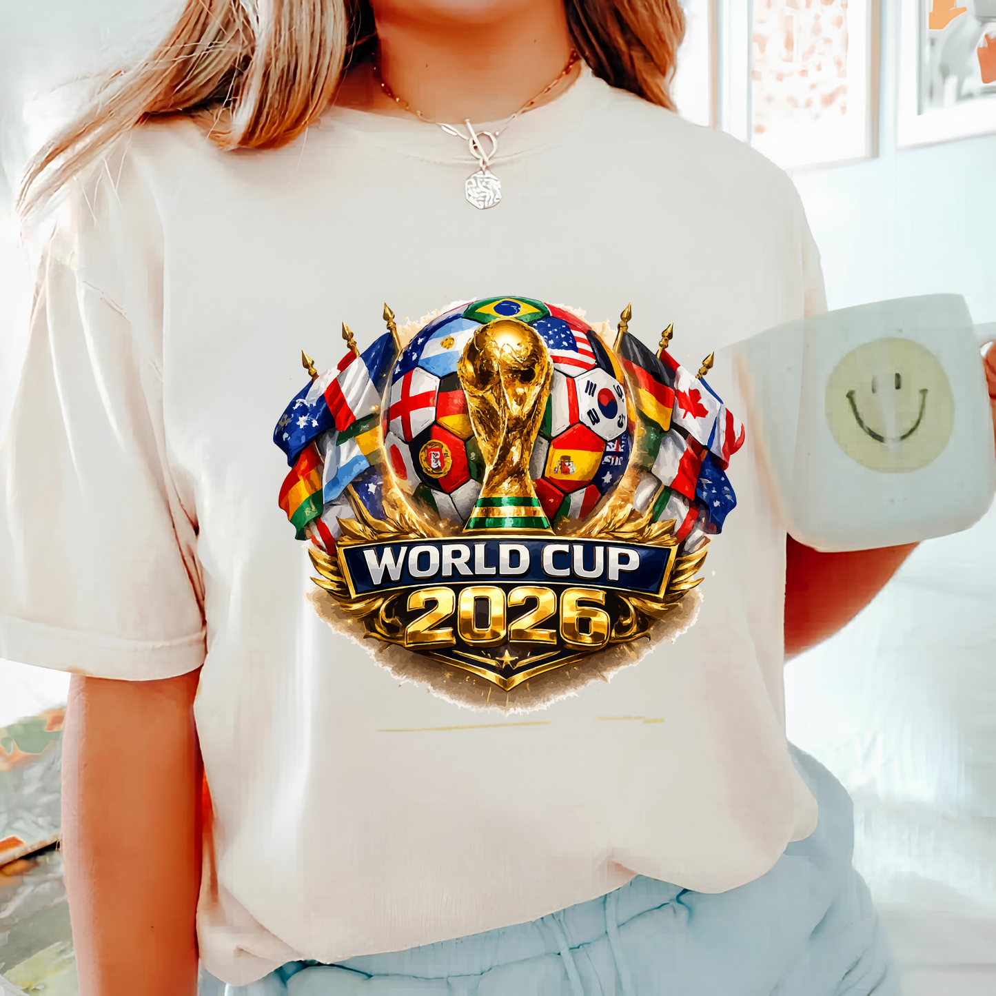 Official 2026 World Cup Multi-National Flags Graphic Print Light Blue T-Shirt (physical)