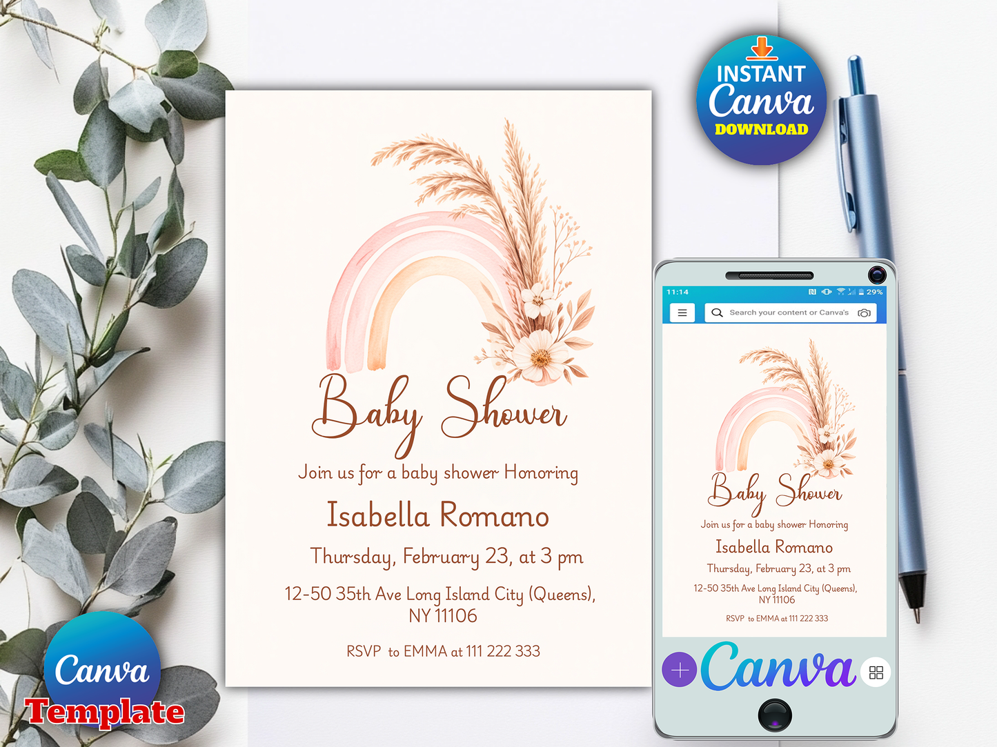 Editable Boho Rainbow Baby Shower Invitation