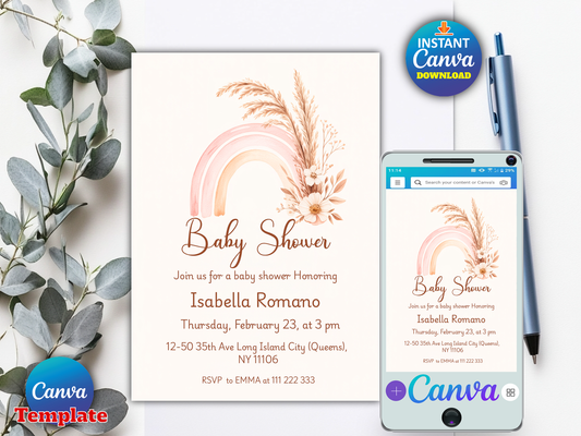 Editable Boho Rainbow Baby Shower Invitation