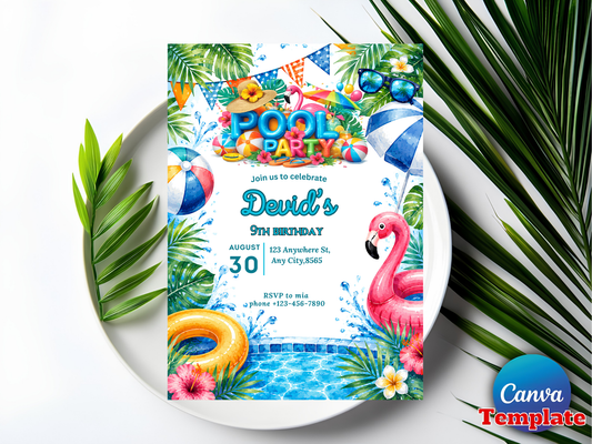 Pool Party Birthday Invitation, Pool Party Invite, Summer Pool Party, Pool Party Birthday, Teenage Birthday, Editable Canva Template