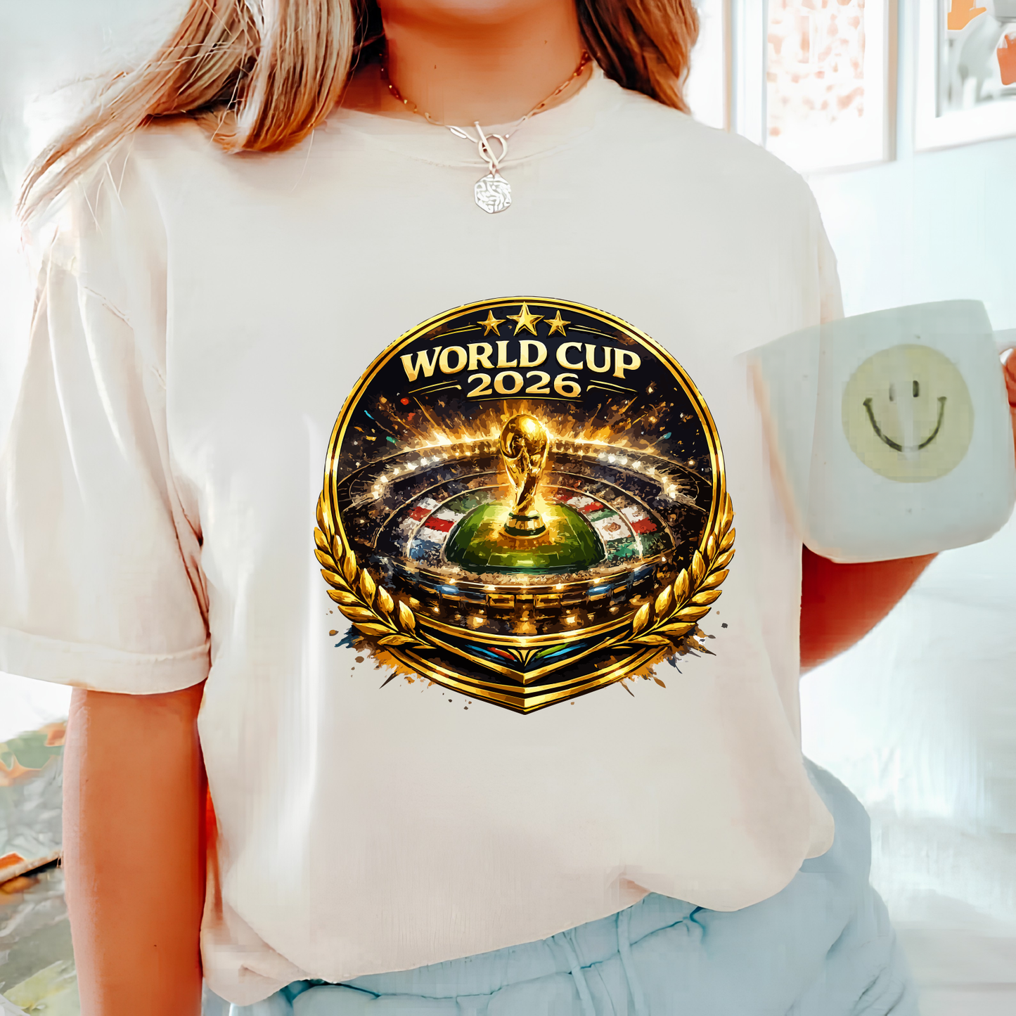 FIFA World Cup 2026 Golden Stadium Emblem Black Graphic T-Shirt (physical)