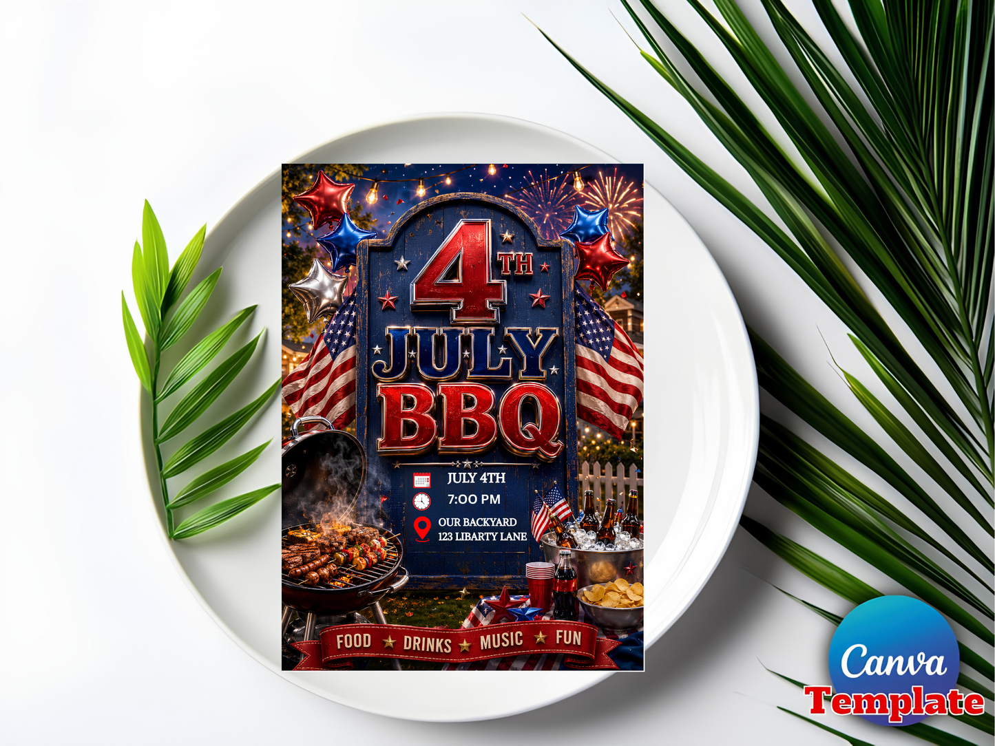 Editable 4th of July Party Invitation Template | USA Independence Day Fireworks Invite Canva