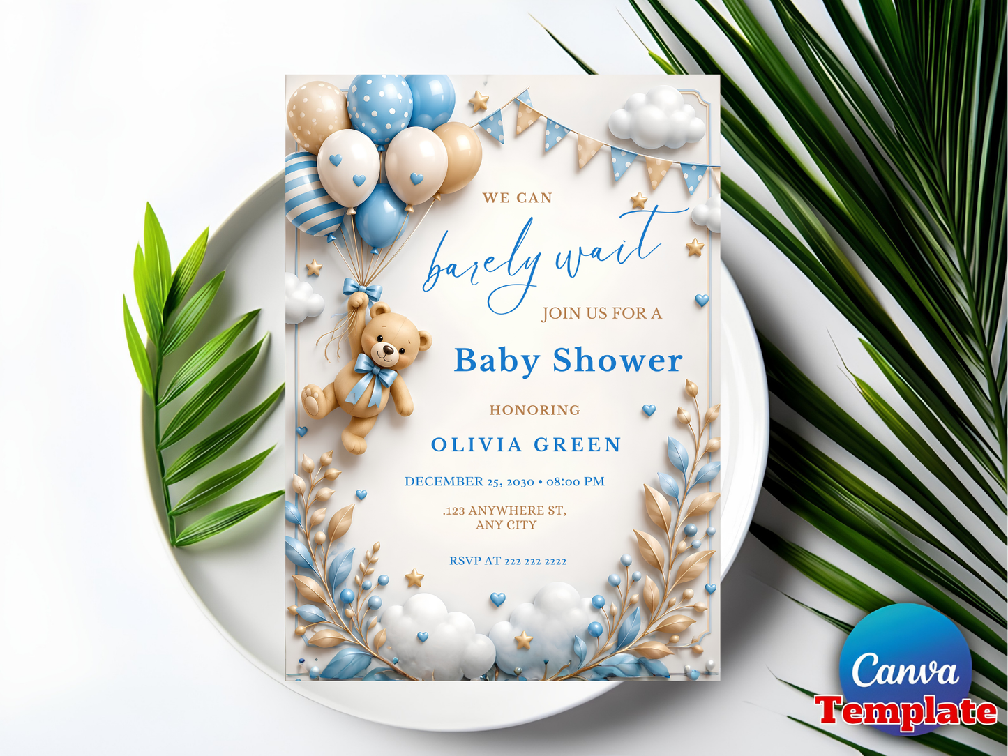 Editable Brown Bear Balloon, We Can Bearly Wait Baby Shower Invite, Teddy Bear Baby Shower, Canva Template, Instant Download