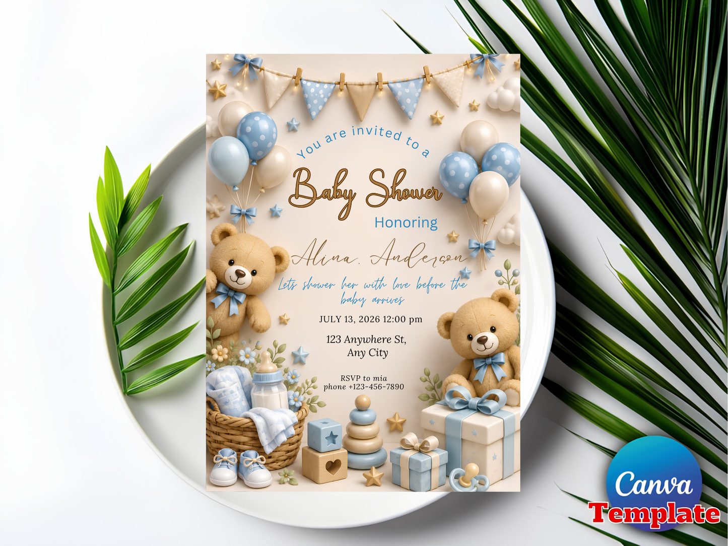 Baby Shower Invitation Template, Editable Canva Baby Shower Invite, Teddy Bear Baby Shower Invitation, Blue Boy Shower, Instant Download